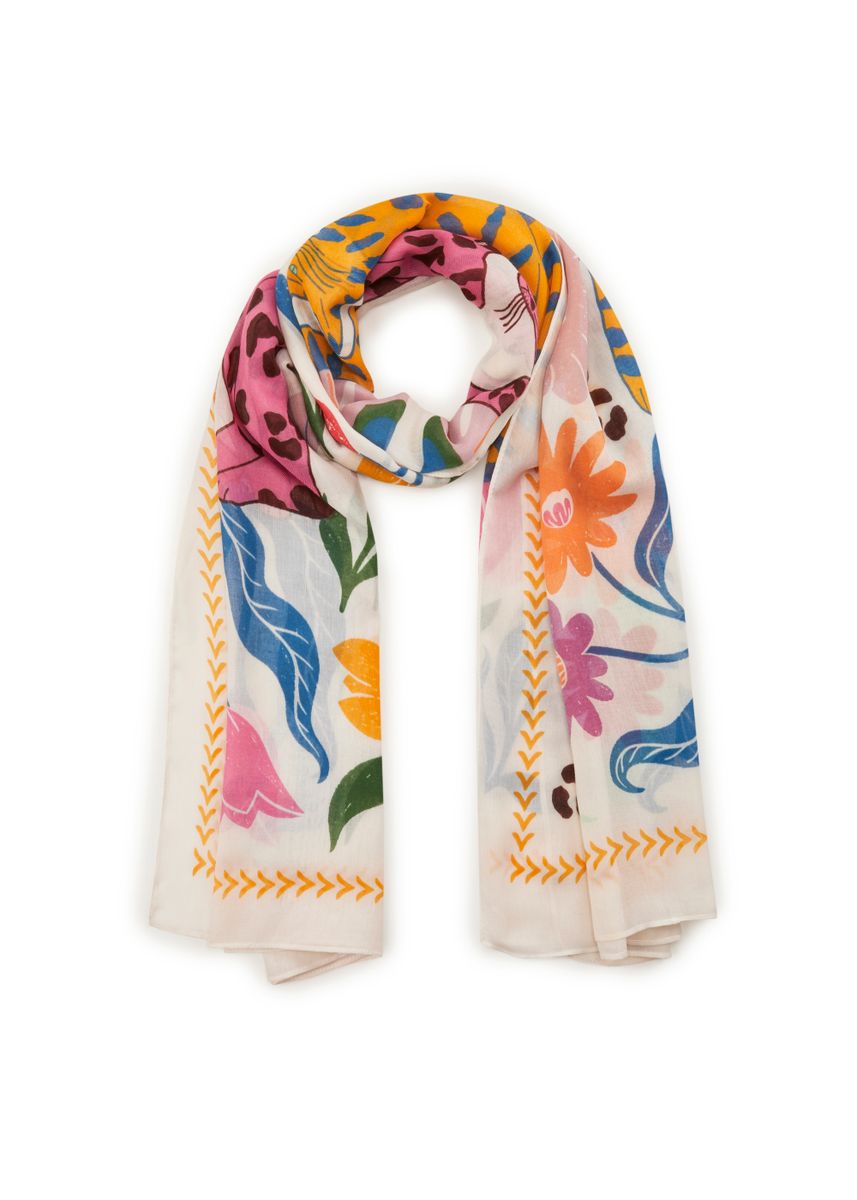Schal aus recyceltem Polyester mit Katzen-Motiv und Blumenmuster