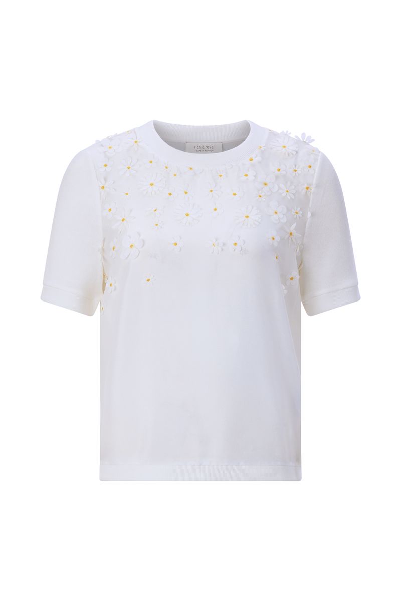 Knit Mat Mix T-Shirt with Flower Application