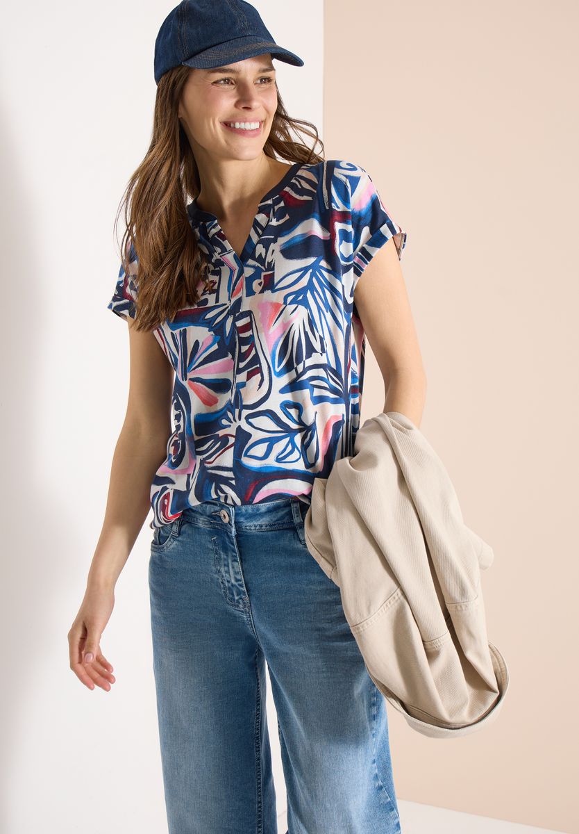 T-Shirt mit Split Neck und Grafikprint