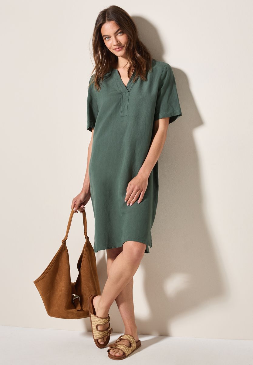 Split Neck Leinenmix Kleid