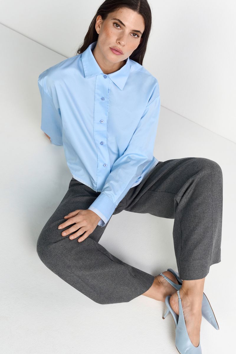 Cropped Cotton Blouse with Contrast Fabric